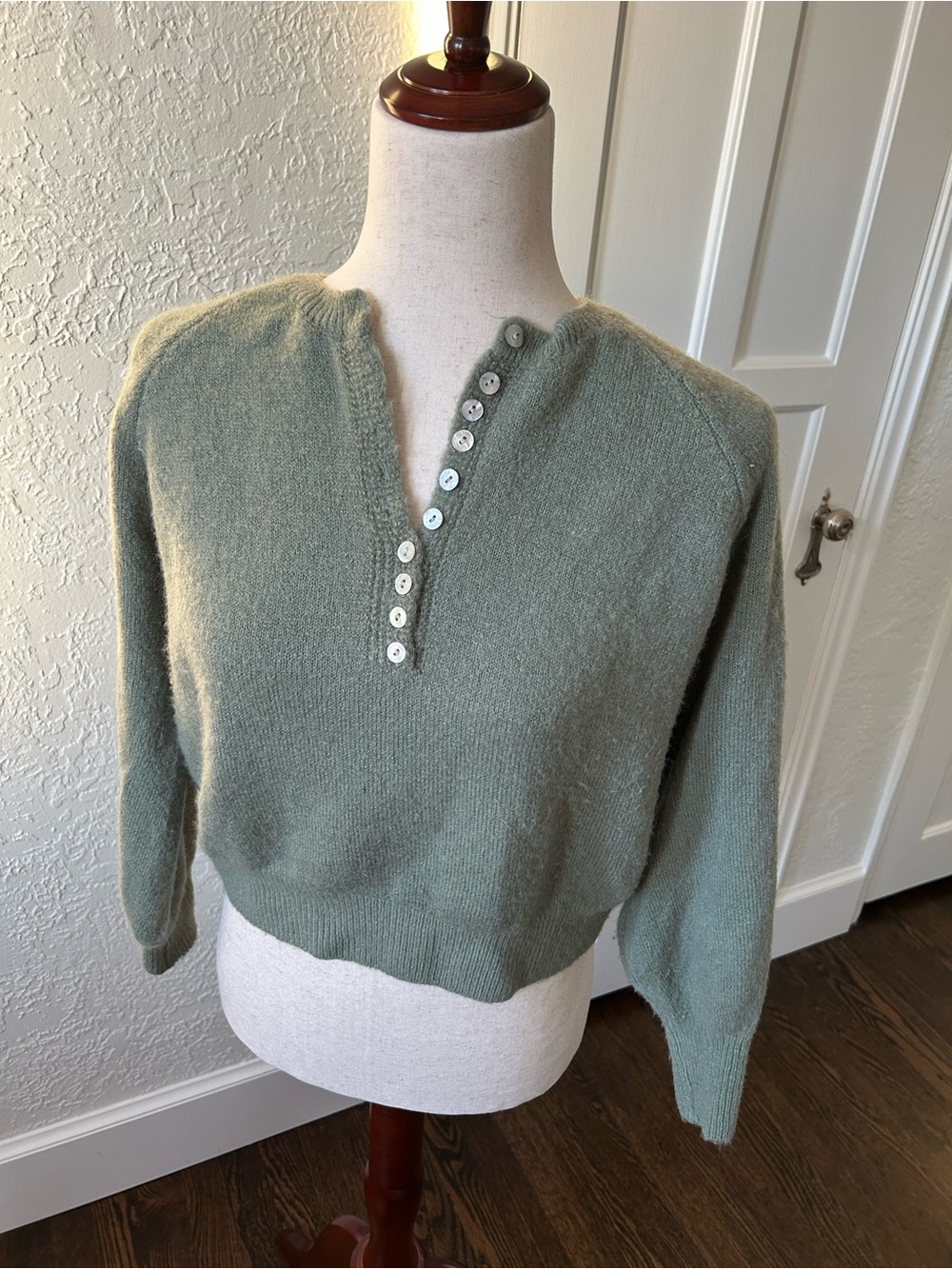 Button-Placket Cropped Sweater in Sage Green